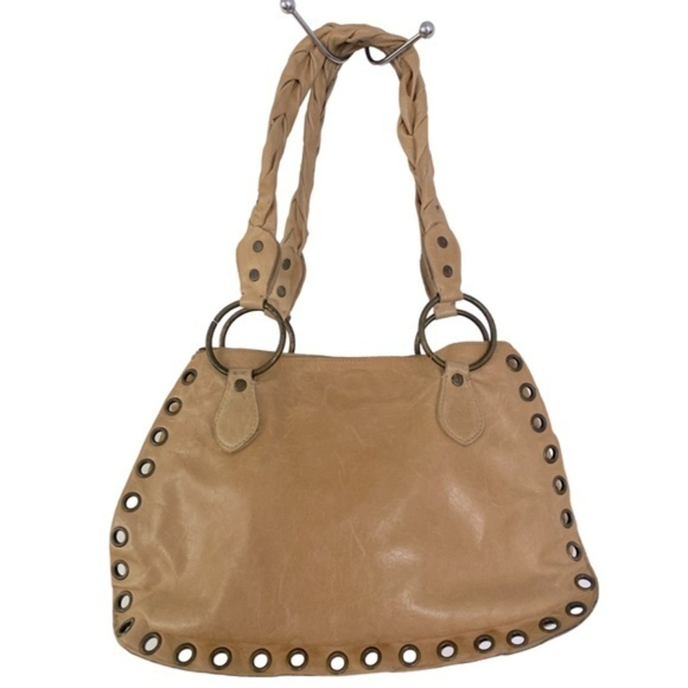 Sabrina New York Shoulder Bag - 14x8x5 tan leather, braided double handle
